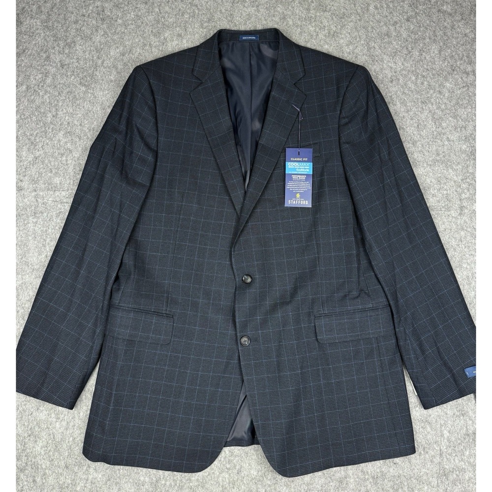 Stafford NWT Blazer Navy Blue Check Mens 46L Wool Blend Stretch $220 MSRP